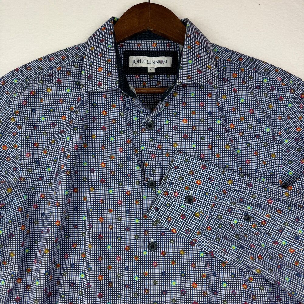 John Lennon Men’s L Cotton Long Sleeve Floral Check Button Up Shirt